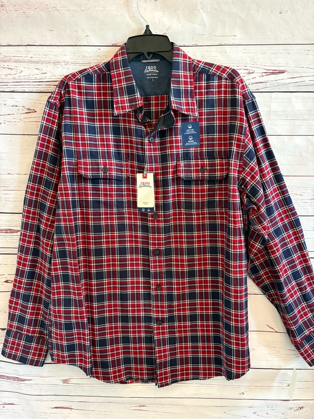 IZOD Saltwater Harbor Twill Red Blue Plaid Button Down Shirt Size Large NWT